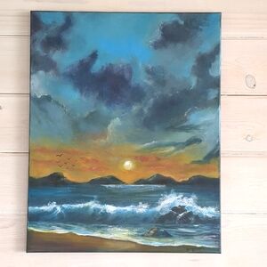 Original New Acrylic Painting Dramatic Sunset Rocky Seascape Signed 16X20 Canvas